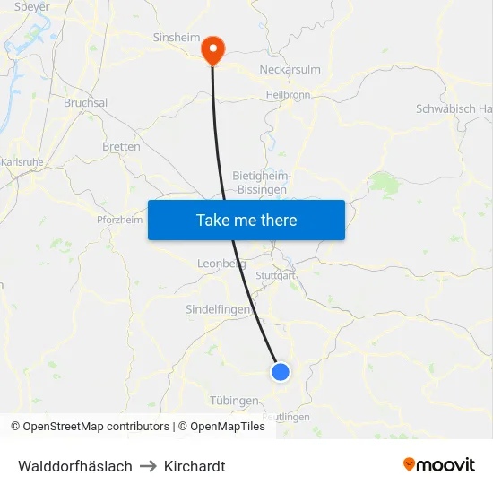 Walddorfhäslach to Kirchardt map