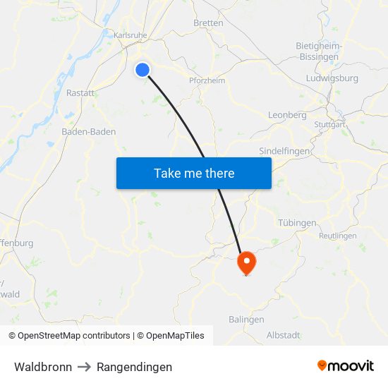 Waldbronn to Rangendingen map