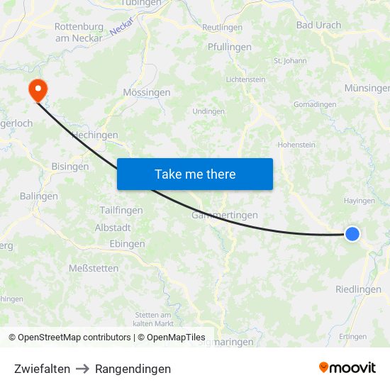 Zwiefalten to Rangendingen map