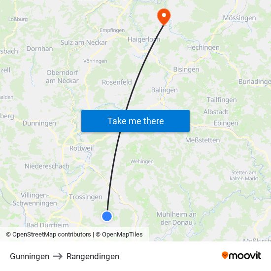 Gunningen to Rangendingen map