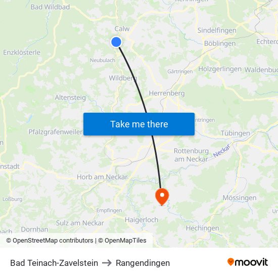 Bad Teinach-Zavelstein to Rangendingen map
