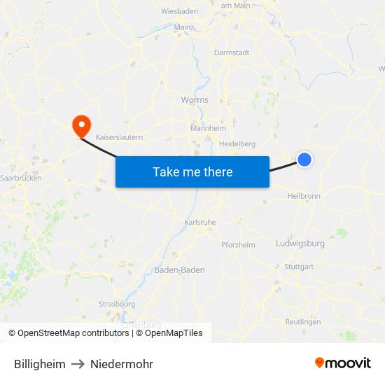 Billigheim to Niedermohr map
