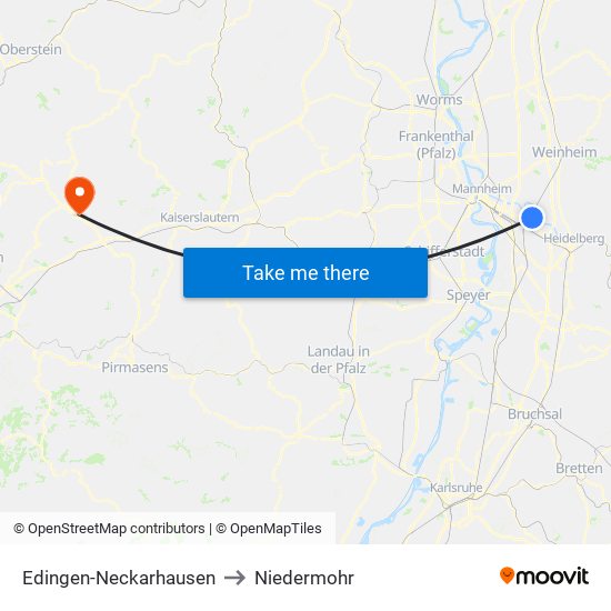 Edingen-Neckarhausen to Niedermohr map