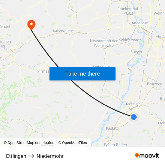 Ettlingen to Niedermohr map