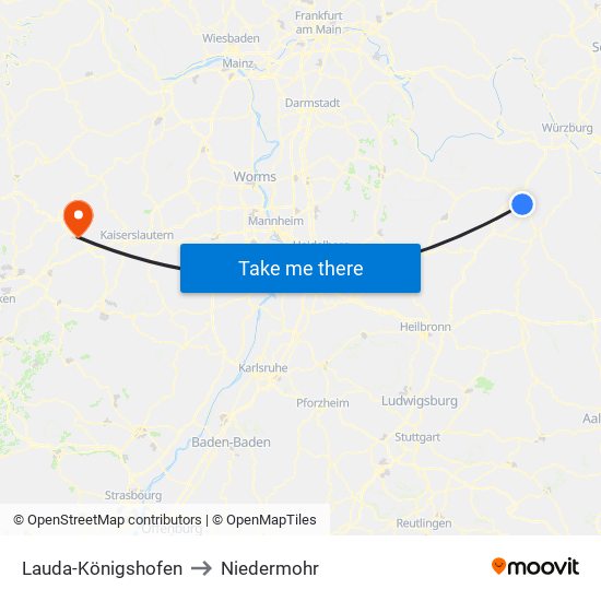 Lauda-Königshofen to Niedermohr map