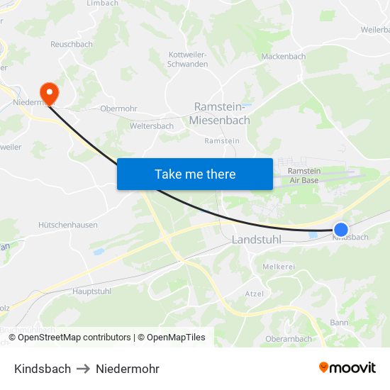 Kindsbach to Niedermohr map