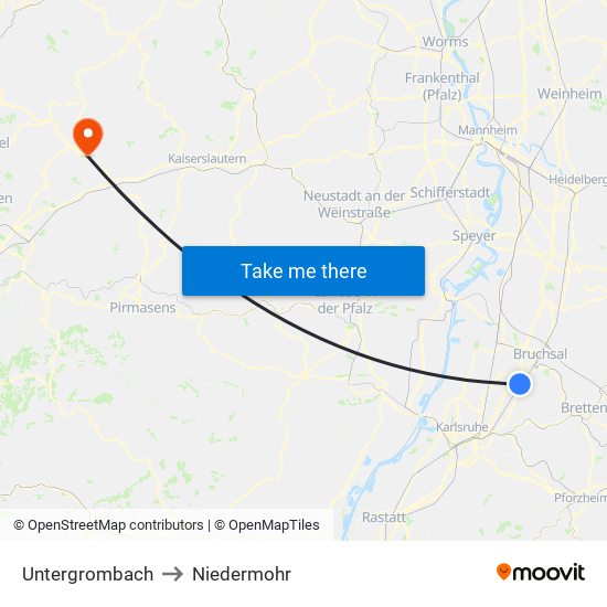 Untergrombach to Niedermohr map