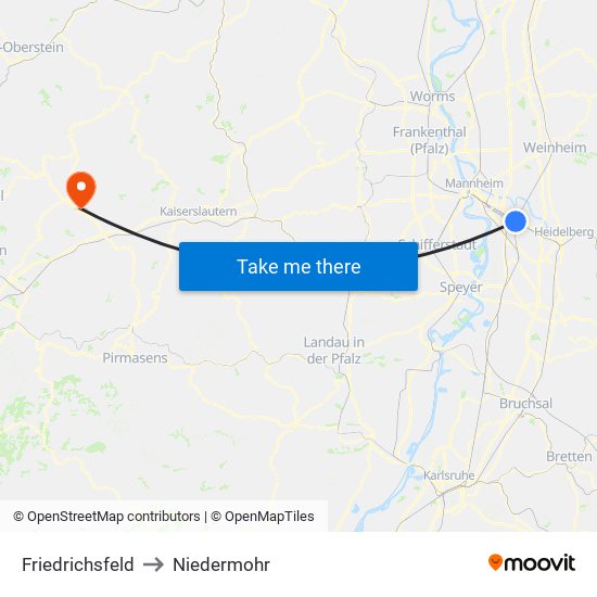 Friedrichsfeld to Niedermohr map