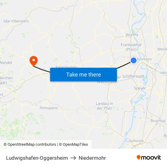 Ludwigshafen-Oggersheim to Niedermohr map