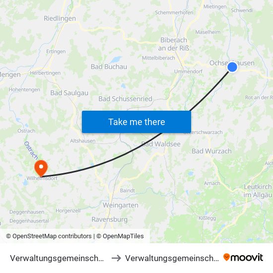 Verwaltungsgemeinschaft Ochsenhausen to Verwaltungsgemeinschaft Wilhelmsdorf map