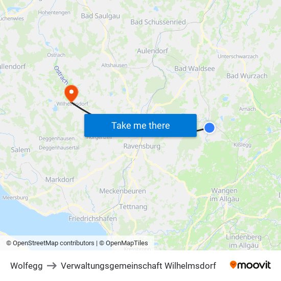 Wolfegg to Verwaltungsgemeinschaft Wilhelmsdorf map