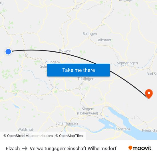 Elzach to Verwaltungsgemeinschaft Wilhelmsdorf map