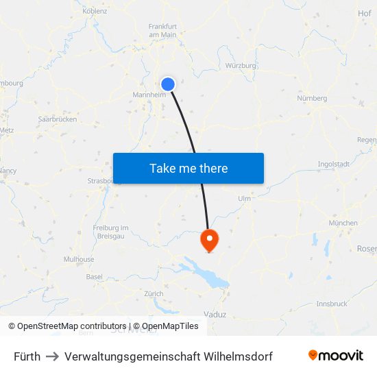 Fürth to Verwaltungsgemeinschaft Wilhelmsdorf map