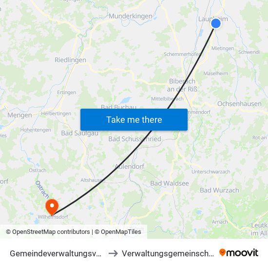 Gemeindeverwaltungsverband Laupheim to Verwaltungsgemeinschaft Wilhelmsdorf map