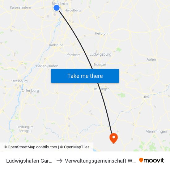 Ludwigshafen-Gartenstadt to Verwaltungsgemeinschaft Wilhelmsdorf map