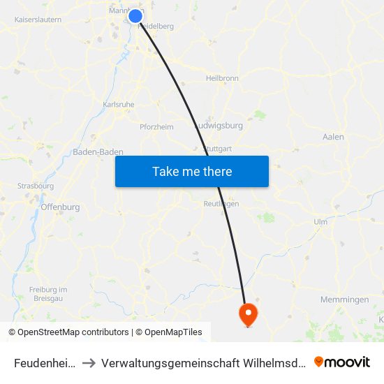 Feudenheim to Verwaltungsgemeinschaft Wilhelmsdorf map