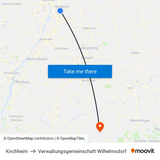 Kirchheim to Verwaltungsgemeinschaft Wilhelmsdorf map