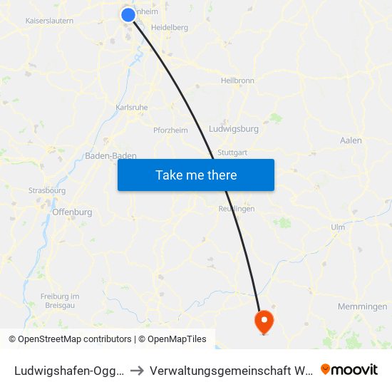 Ludwigshafen-Oggersheim to Verwaltungsgemeinschaft Wilhelmsdorf map