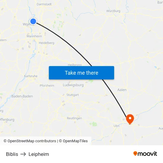 Biblis to Leipheim map