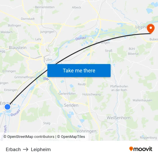 Erbach to Leipheim map