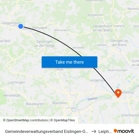 Gemeindeverwaltungsverband Eislingen-Ottenbach-Salach to Leipheim map