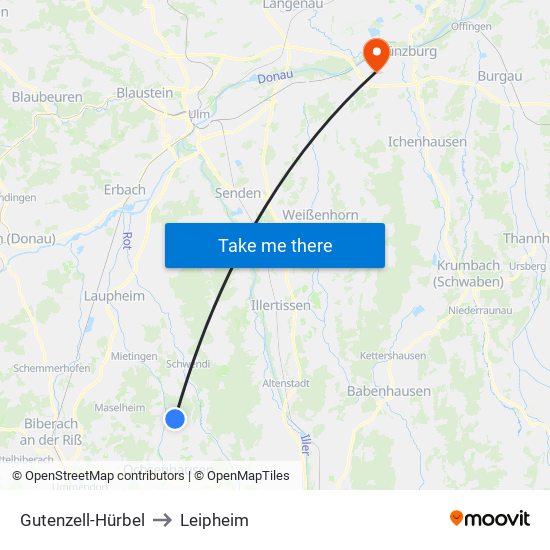 Gutenzell-Hürbel to Leipheim map