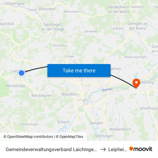 Gemeindeverwaltungsverband Laichinger Alb to Leipheim map