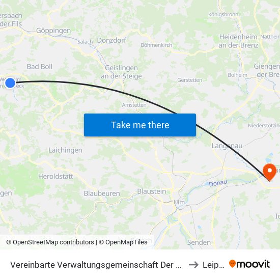 Vereinbarte Verwaltungsgemeinschaft Der Stadt Weilheim An Der Teck to Leipheim map
