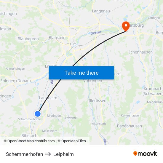 Schemmerhofen to Leipheim map