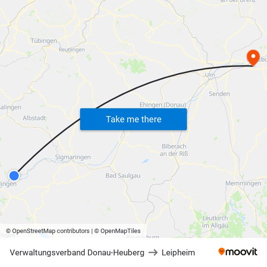 Verwaltungsverband Donau-Heuberg to Leipheim map