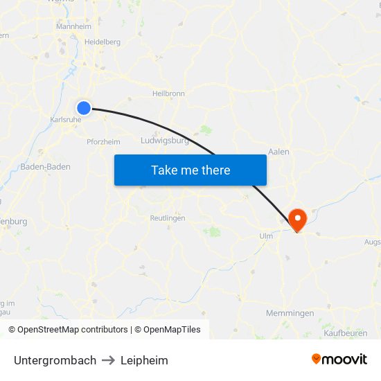 Untergrombach to Leipheim map