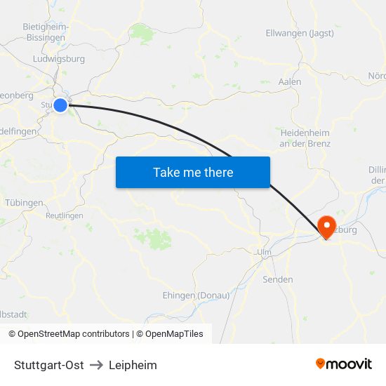 Stuttgart-Ost to Leipheim map