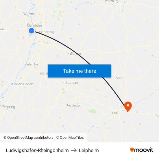 Ludwigshafen-Rheingönheim to Leipheim map