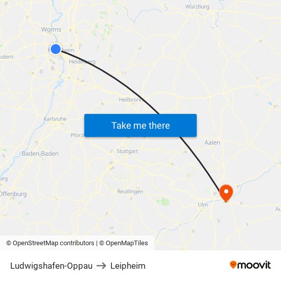 Ludwigshafen-Oppau to Leipheim map