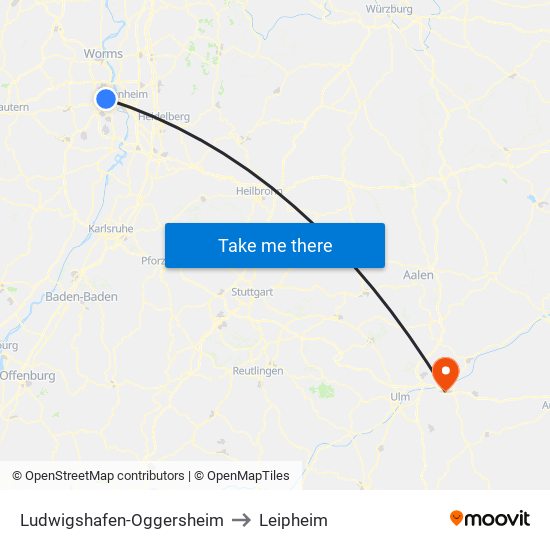 Ludwigshafen-Oggersheim to Leipheim map