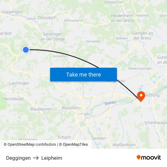 Deggingen to Leipheim map