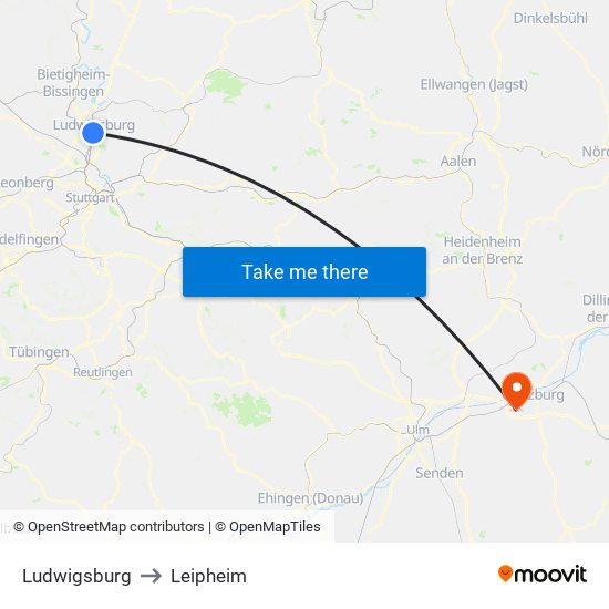 Ludwigsburg to Leipheim map