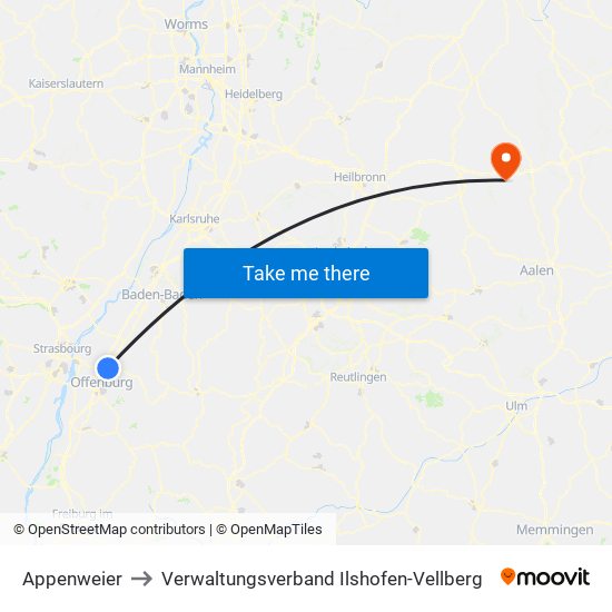 Appenweier to Verwaltungsverband Ilshofen-Vellberg map