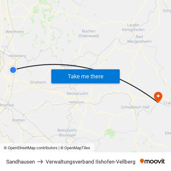 Sandhausen to Verwaltungsverband Ilshofen-Vellberg map