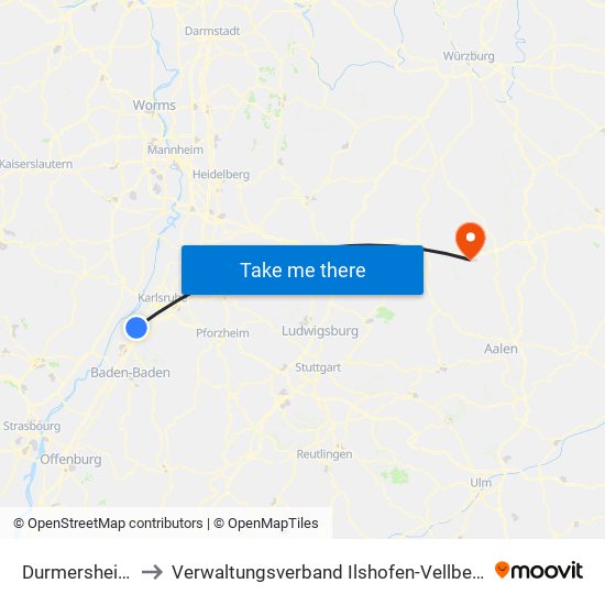 Durmersheim to Verwaltungsverband Ilshofen-Vellberg map