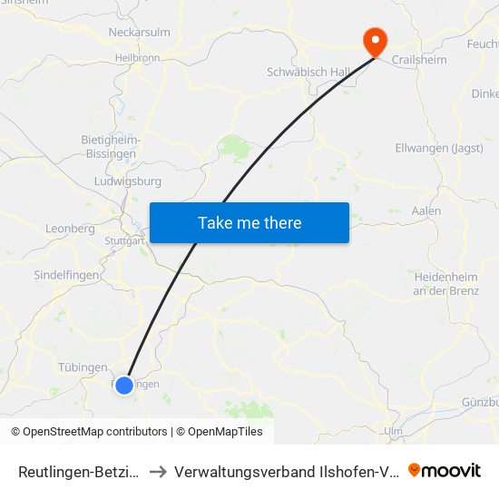 Reutlingen-Betzingen to Verwaltungsverband Ilshofen-Vellberg map