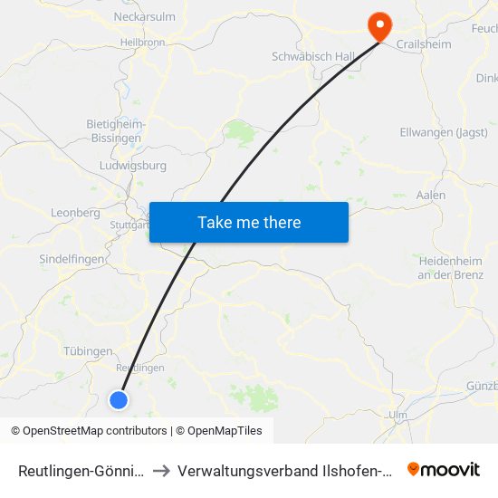 Reutlingen-Gönningen to Verwaltungsverband Ilshofen-Vellberg map
