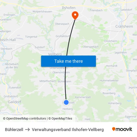 Bühlerzell to Verwaltungsverband Ilshofen-Vellberg map