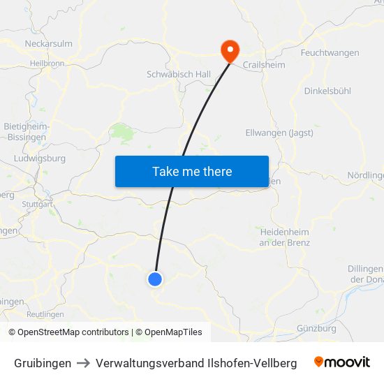 Gruibingen to Verwaltungsverband Ilshofen-Vellberg map