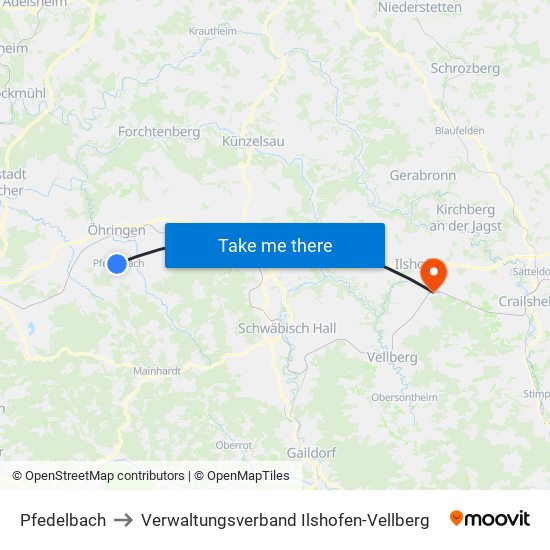 Pfedelbach to Verwaltungsverband Ilshofen-Vellberg map