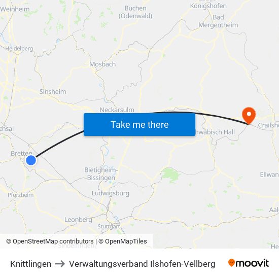 Knittlingen to Verwaltungsverband Ilshofen-Vellberg map