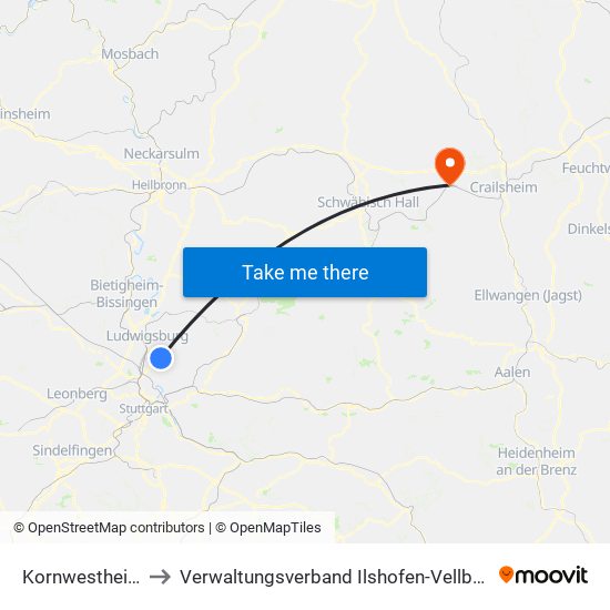 Kornwestheim to Verwaltungsverband Ilshofen-Vellberg map