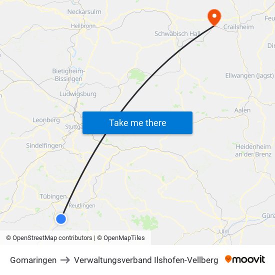 Gomaringen to Verwaltungsverband Ilshofen-Vellberg map