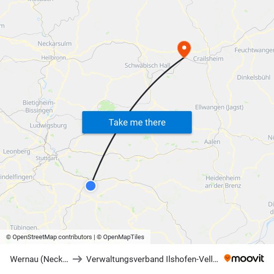 Wernau (Neckar) to Verwaltungsverband Ilshofen-Vellberg map