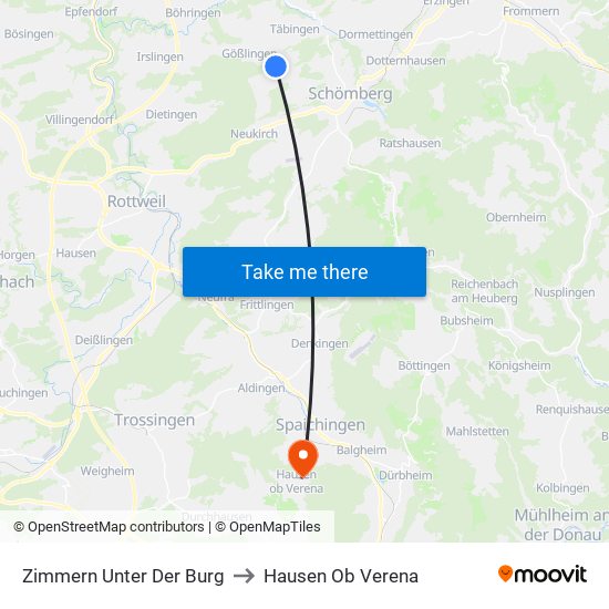 Zimmern Unter Der Burg to Hausen Ob Verena map